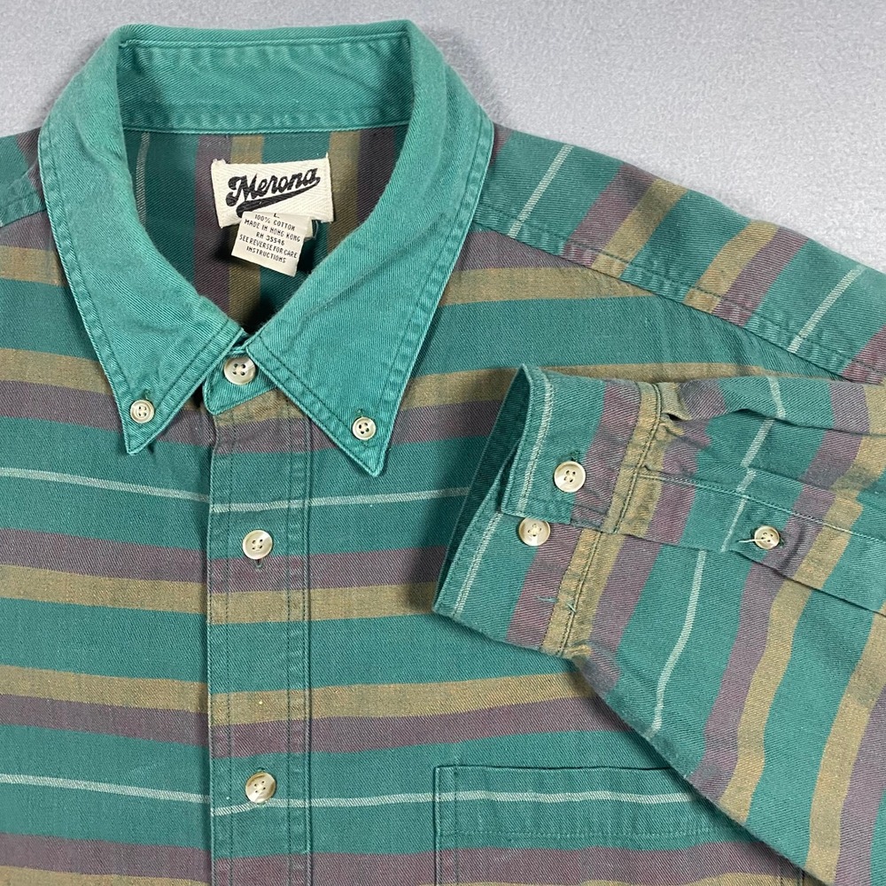 Vintage Merona Mens Large 100% Cotton Striped Button Down Shirt‎ Teal Gold L